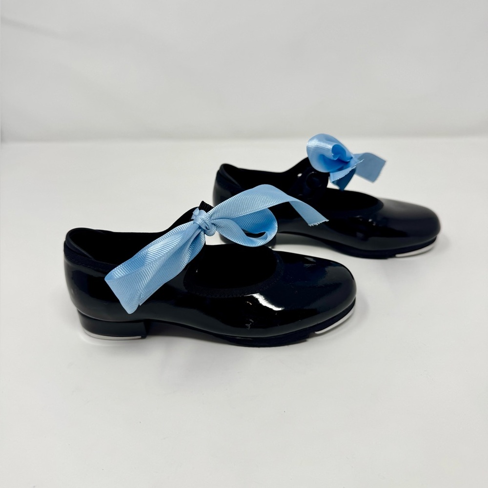 Black Patent Leather Shoes with Blue Ribbon. Size 9.5 M; BLOCH; Mary Jane